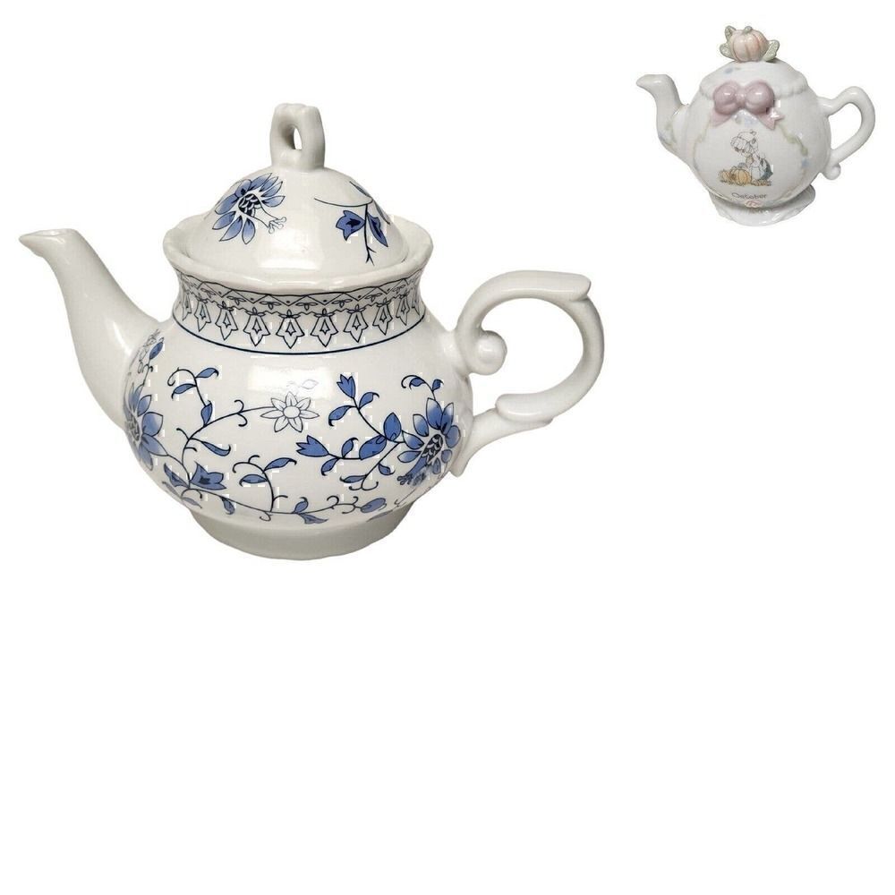 Vintage 6.5" Blue & White Floral Filigree Teapot /Bonus FREE Mini 1993 T…